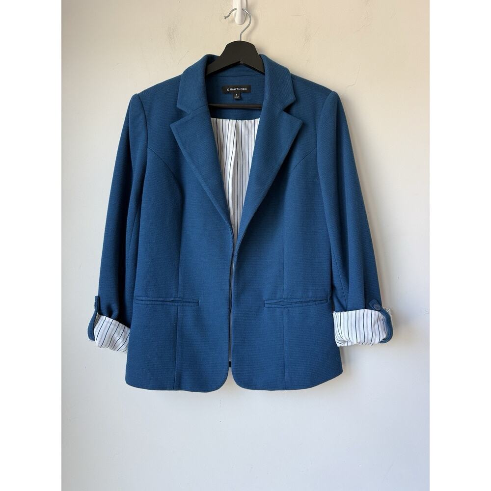 41Hawthorn Women's Blazer Medium Roll Tab Sleeve Flyp Cuff Relaxed Blue
